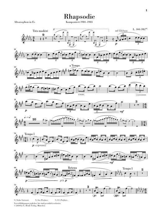 Rhapsody for Alto Saxophone and Orchestra Alto Saxophone and Piano Reduction 德布西 狂想曲 中音薩氏管 中音薩氏管 鋼琴 薩氏管(含鋼琴伴奏) 亨乐版 | 小雅音樂 Hsiaoya Music