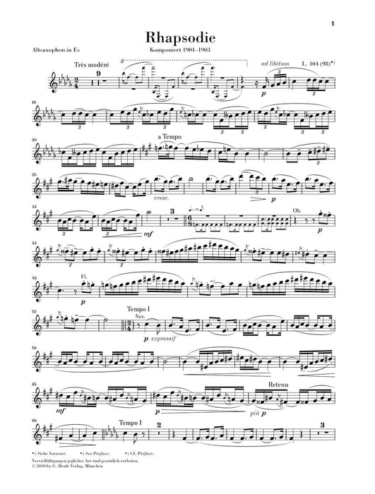 Rhapsody for Alto Saxophone and Orchestra Alto Saxophone and Piano Reduction 德布西 狂想曲 中音薩氏管 中音薩氏管 鋼琴 薩氏管(含鋼琴伴奏) 亨乐版 | 小雅音樂 Hsiaoya Music