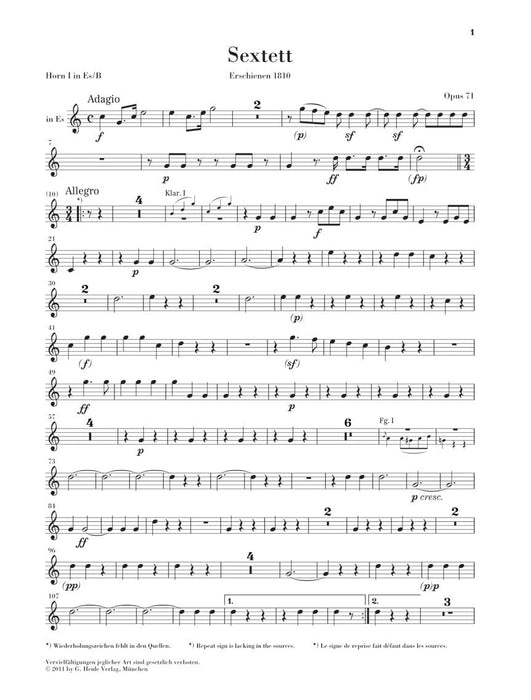 Sextet in E-flat Major, Op. 71 and March, WoO 29 2 Clarinets (B-flat), 2 Horns (E-flat/B-flat and F), and 2 Bassoo 貝多芬 六重奏 進行曲 法國號 大型室內樂 亨乐版 | 小雅音樂 Hsiaoya Music