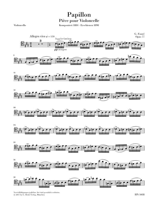 Papillon, Op. 77 for Violoncello and Piano With Marked & Unmarked String Parts 佛瑞 蝴蝶 大提琴(含鋼琴伴奏) 亨乐版 | 小雅音樂 Hsiaoya Music