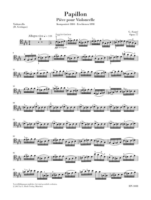 Papillon, Op. 77 for Violoncello and Piano With Marked & Unmarked String Parts 佛瑞 蝴蝶 大提琴(含鋼琴伴奏) 亨乐版 | 小雅音樂 Hsiaoya Music