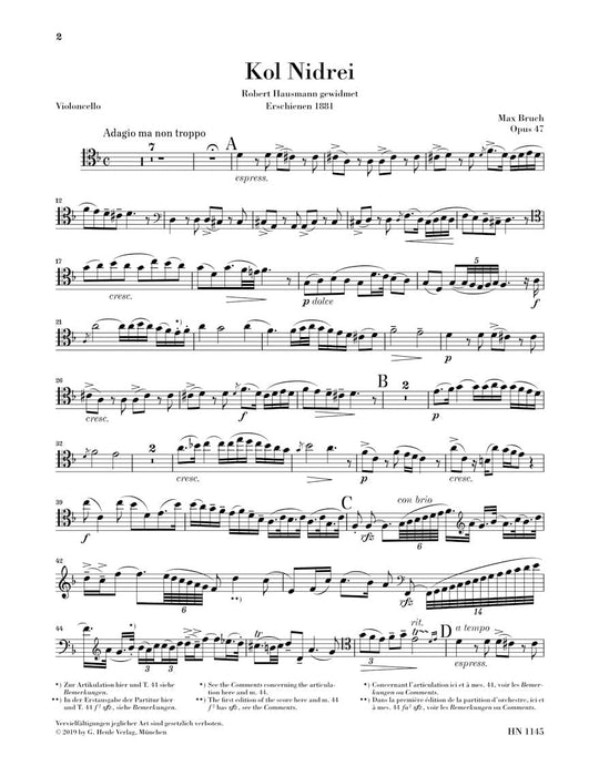 Kol Nidrei, Op. 47 Cello and Piano 布魯赫 晚禱 大提琴(含鋼琴伴奏) 亨乐版 | 小雅音樂 Hsiaoya Music