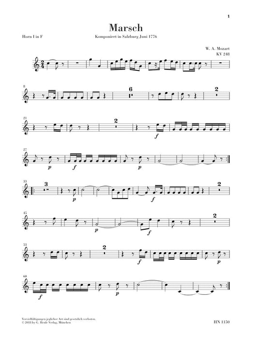 March K. 248, Divertimento K. 247 (First Lodron Night Music) 2 Horns (F), 2 Violins, Viola and Basso Set of Parts 莫札特 進行曲 中提琴 法國號 小提琴 嬉遊曲 亨乐版 | 小雅音樂 Hsiaoya Music