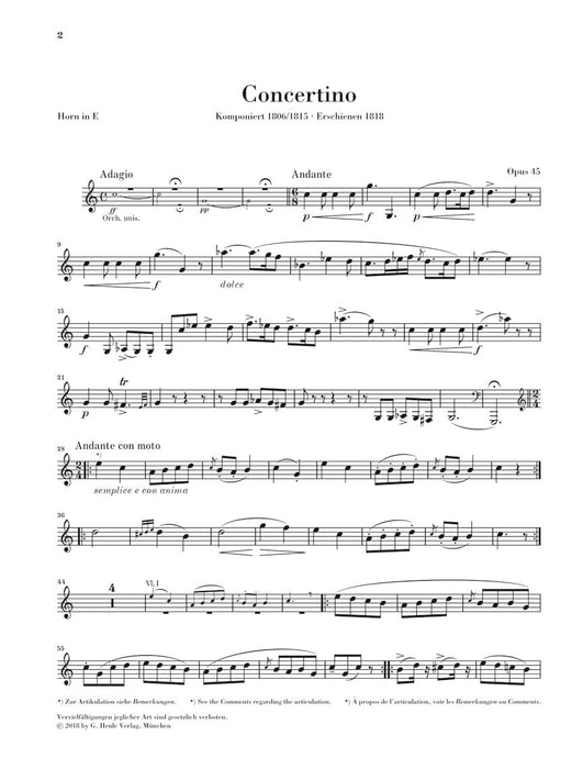 Concertino Op. 45 for Horn and Piano Reduction 韋伯卡爾 小協奏曲 法國號(含鋼琴伴奏) 亨乐版 | 小雅音樂 Hsiaoya Music