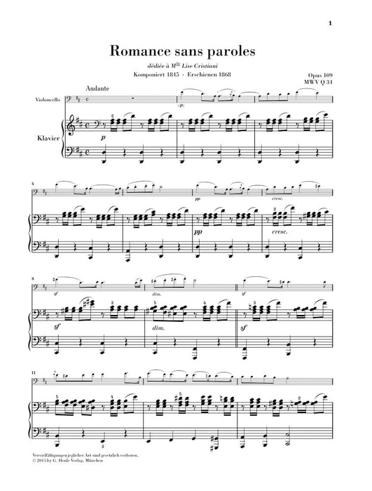 Romances sans paroles, Op. 109 Cello and Piano 大提琴 鋼琴 浪漫曲 大提琴(含鋼琴伴奏) 亨乐版 | 小雅音樂 Hsiaoya Music