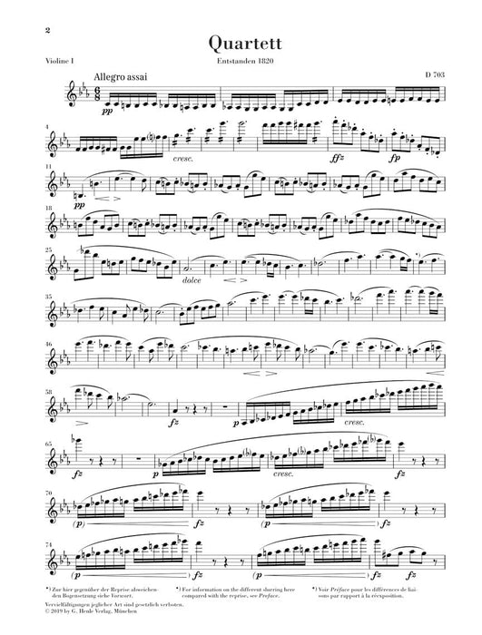 String Quartet Movement (Quartettsatz) in C Minor, D. 703 Score and Parts 舒伯特 弦樂四重奏 亨乐版 | 小雅音樂 Hsiaoya Music