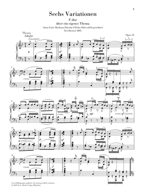 6 Variations in F Major, Op. 34 Piano Solo 貝多芬 變奏曲 鋼琴 亨乐版 | 小雅音樂 Hsiaoya Music