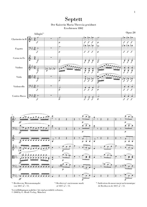 Septet in E-flat Major Op. 20 Clarinet, Bassoon, Horn, Violin, Viola, Cello and Double Bass Study Score 貝多芬 七重奏 小提琴大提琴 亨乐版 | 小雅音樂 Hsiaoya Music