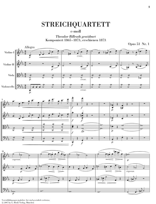 String Quartets, Op. 51 No. 1 in C minor & No. 2 in A minor Study Score 布拉姆斯 弦樂四重奏 總譜 亨乐版 | 小雅音樂 Hsiaoya Music