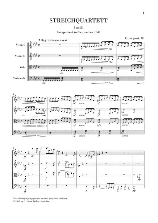 String Quartet F Minor Op. Posth. 80 Study Score 孟德爾頌‧菲利克斯 弦樂四重奏 總譜 亨乐版 | 小雅音樂 Hsiaoya Music