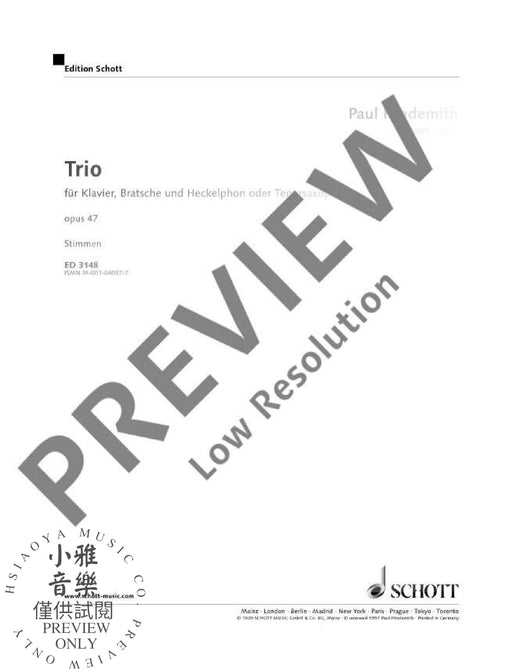 Trio op. 47 für Klavier, Bratsche und Heckelphon oder Tenorsaxophon 辛德密特 鋼琴三重奏 朔特版 | 小雅音樂 Hsiaoya Music