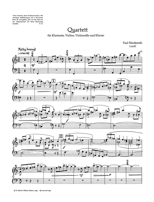 Quartet for Clarinet, Violin, Violoncello and Piano. Transcription 辛德密特 四重奏 小提琴大提琴鋼琴 雙鋼琴 朔特版 | 小雅音樂 Hsiaoya Music