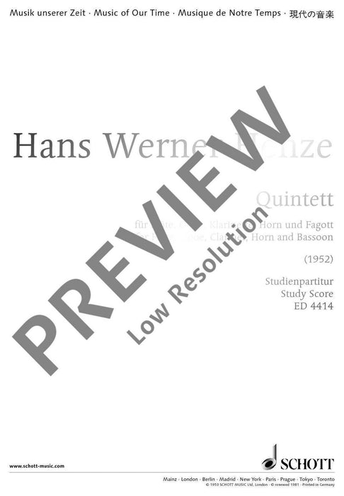 Quintet for flute, oboe, clarinet, horn and bassoon 亨采 五重奏長笛雙簧管 法國號 總譜 朔特版 | 小雅音樂 Hsiaoya Music
