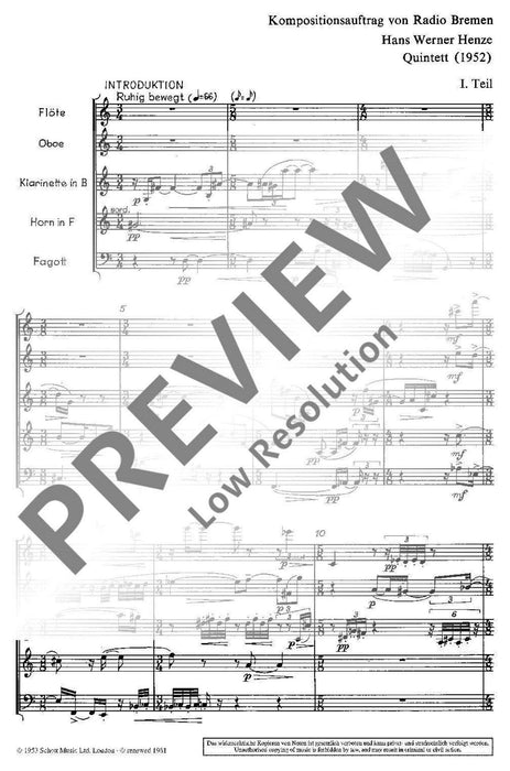 Quintet for flute, oboe, clarinet, horn and bassoon 亨采 五重奏長笛雙簧管 法國號 總譜 朔特版 | 小雅音樂 Hsiaoya Music