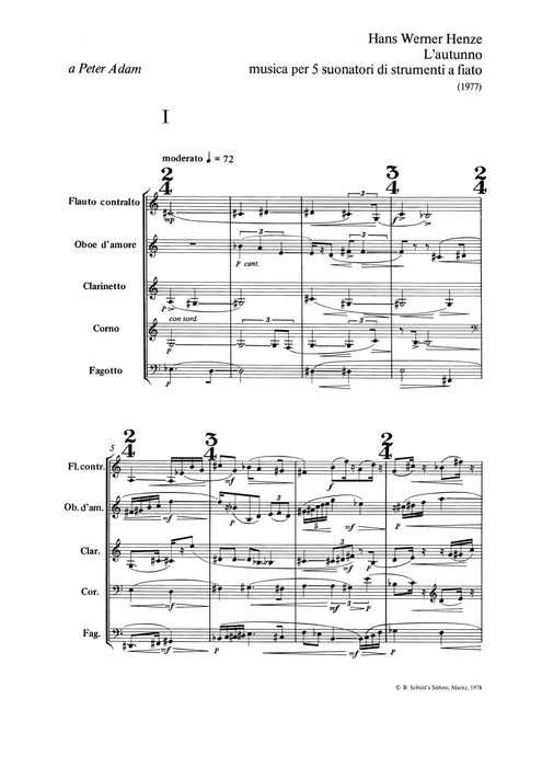 L'autunno Music for five wind instruments 亨采 管樂樂器 總譜 朔特版 | 小雅音樂 Hsiaoya Music