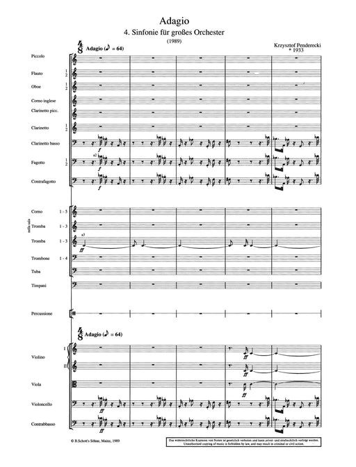 Adagio 4. Symphony 彭德瑞茲基 慢板交響曲 總譜 朔特版 | 小雅音樂 Hsiaoya Music