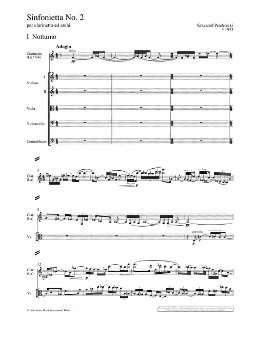 Sinfonietta No. 2 per clarinetto ed archi 彭德瑞茲基 小交響曲 總譜 朔特版 | 小雅音樂 Hsiaoya Music