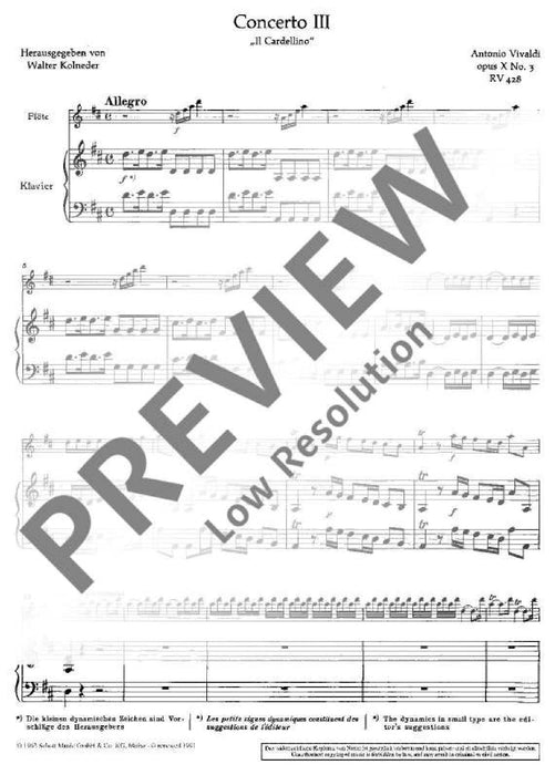 Concerto No. 3 D major op. 10/3 RV 428/PV 155 Il Cardellino 韋瓦第 協奏曲 大調 長笛加鋼琴 朔特版 | 小雅音樂 Hsiaoya Music