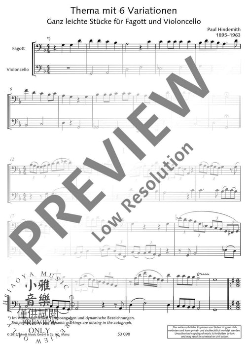 Theme and 6 Variations Very Easy Pieces for Bassoon and Violoncello 辛德密特 混和二重奏 主題變奏曲小品大提琴 朔特版 | 小雅音樂 Hsiaoya Music