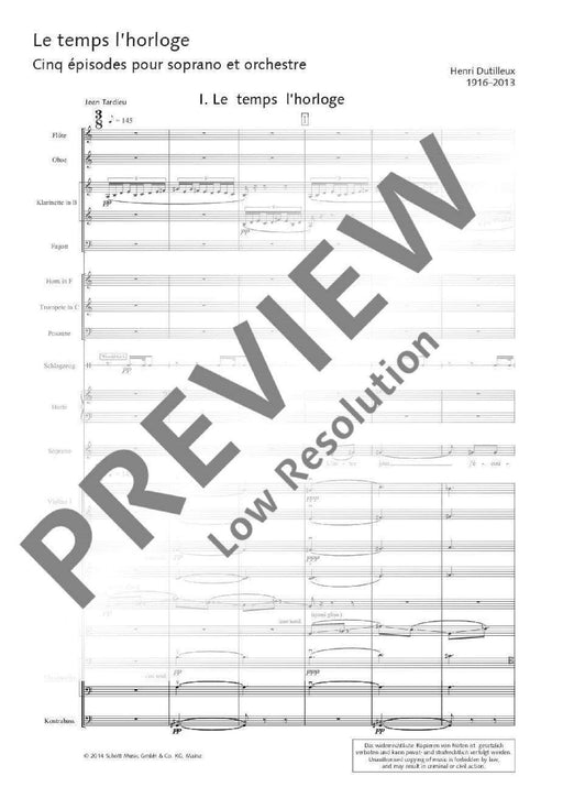 Le temps l'horloge Five episodes for soprano and orchestra 迪悌耶 頌歌 管弦樂團 總譜 朔特版 | 小雅音樂 Hsiaoya Music
