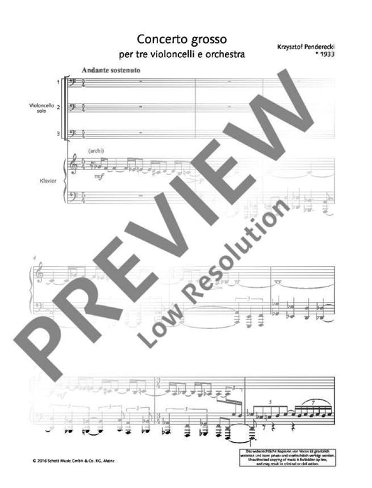 Concerto grosso per tre violoncelli ed orchestra 彭德瑞茲基 大協奏曲 古提琴 管弦樂團 大提琴加鋼琴 朔特版 | 小雅音樂 Hsiaoya Music