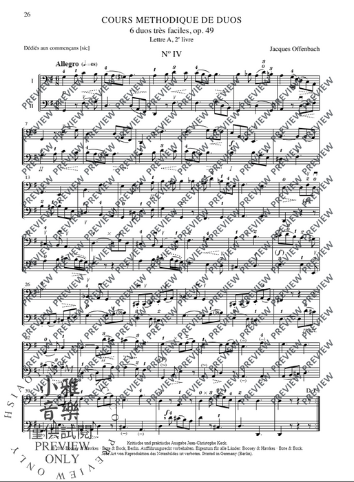 Cours méthodique de duos pour deux violoncelles Vol. 1 op. 49 Edition de Cyrille Tricoire et Jean-Christophe Keck 歐芬巴赫 雙大提琴 二重奏 柏特柏克版 | 小雅音樂 Hsiaoya Music