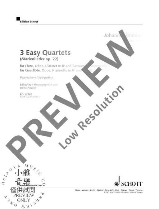 3 Easy Quartets op. 22 eingerichtet nach "7 Marienlieder" 布拉姆斯 木管四重奏 朔特版 | 小雅音樂 Hsiaoya Music