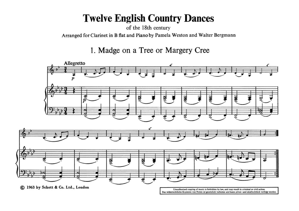 Twelve English Country Dances of the 18th Century 鄉村舞曲 豎笛 1把以上加鋼琴 朔特版 | 小雅音樂 Hsiaoya Music