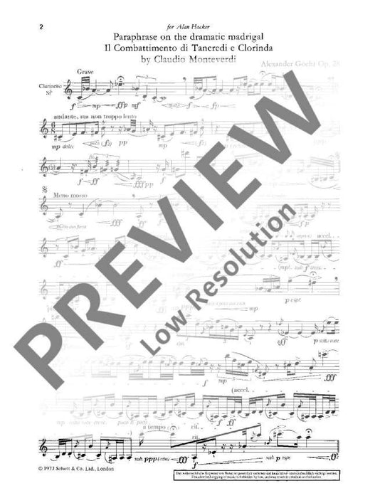 Paraphrase on the Dramatic Madrigal Il Clorinda by Cl. Monteverdi op. 28 Combattimento di Tancredi e Clorinda 哥爾．亞力山大 模擬曲 牧歌 唐克雷第 豎笛獨奏 朔特版 | 小雅音樂 Hsiaoya Music