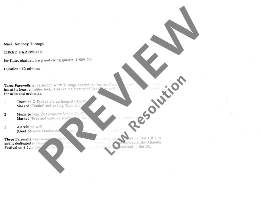 Three Farewells for flute, bass clarinet, harp and string quartet 長笛低音單簧管豎琴弦樂四重奏 總譜 朔特版 | 小雅音樂 Hsiaoya Music