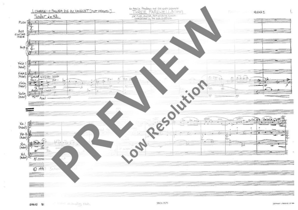 Three Farewells for flute, bass clarinet, harp and string quartet 長笛低音單簧管豎琴弦樂四重奏 總譜 朔特版 | 小雅音樂 Hsiaoya Music