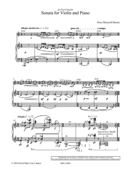 Sonata for Violin and Piano 馬克斯威爾．戴維斯 奏鳴曲小提琴鋼琴 小提琴加鋼琴 朔特版 | 小雅音樂 Hsiaoya Music
