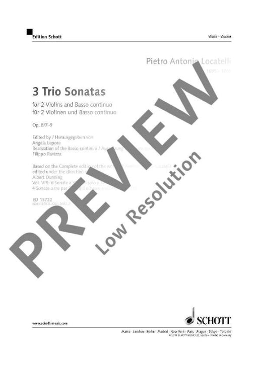 3 Trio Sonatas op. 8/7-9 Vol. 2 for 2 Violins and Basso continuo 洛卡泰利 三重奏奏鳴曲 小提琴 雙小提琴加鋼琴 朔特版 | 小雅音樂 Hsiaoya Music