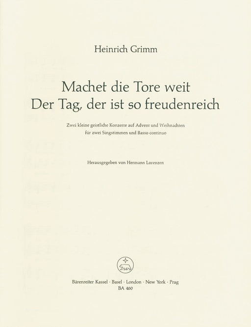 Machet die Tore weit - Der Tag, der ist so freudenreich -2 kleine geistliche Konzerte für Advent und Weihnachten- 2 small sacred concertos for Advent and Christmas 協奏曲 騎熊士版 | 小雅音樂 Hsiaoya Music