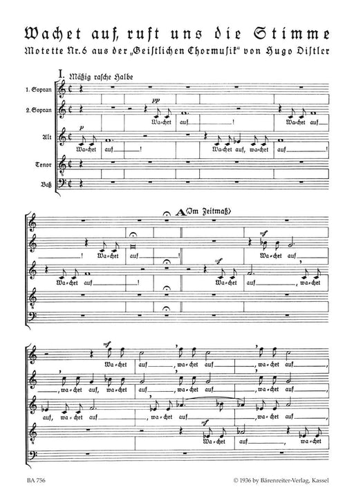 Wachet auf, ruft uns die Stimme für fünfstimmigen Chor a cappella Nr. 6 -Motette über den Choral zum Totensonntag- (aus "Geistliche Chormusik" op. 12 (1934-1941)) Motet on the Chorale for the Sunday before Advent 經文歌 合唱 經文歌 聖詠合唱 騎熊士版 | 小雅音樂 Hsiaoya Music