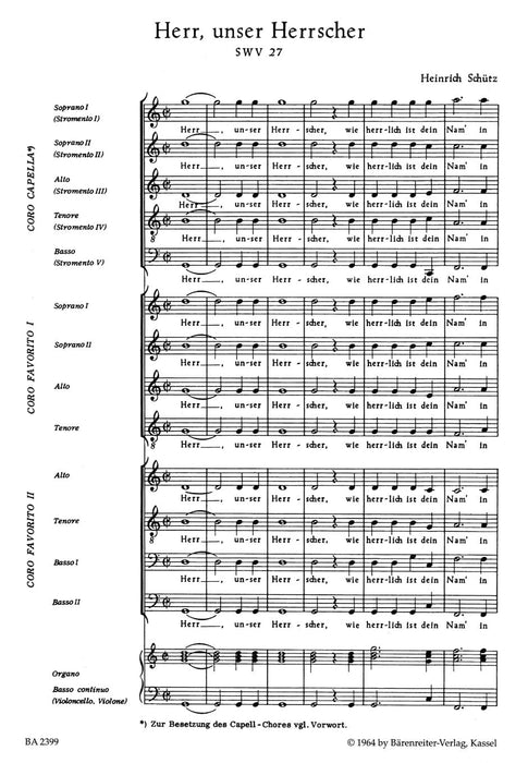 "Herr, unser Herrscher" für zwei vierstimmige Chöre, fünfstimmige Instrumental-Capella ad lib. und Basso continuo SWV 27 -Psalm 8- (aus "Psalmen Davids") Psalm No. 8 詩篇 騎熊士版 | 小雅音樂 Hsiaoya Music