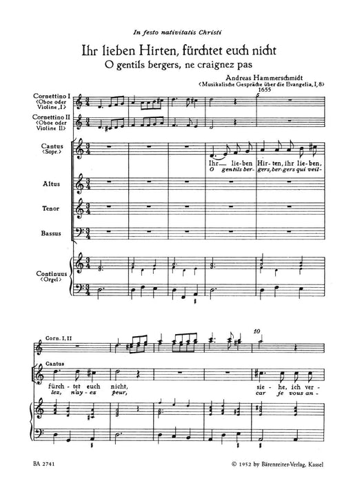 Ihr lieben Hirten, fürchtet euch nicht - O gentils bergers, ne craignez pas für 4 gemischte Stimmen, zwei Oboen (oder Violinen) und Generalbaß (Musikalische Gespräche über die Evangelia) 雙簧管 小提琴 騎熊士版 | 小雅音樂 Hsiaoya Music