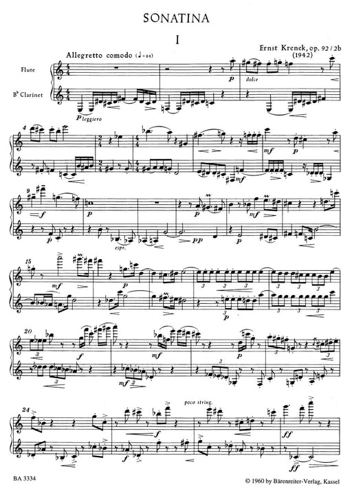Sonatina für Flöte und Klarinette in B op. 92 / 2b (1942) 克雷內克 小奏鳴曲 騎熊士版 | 小雅音樂 Hsiaoya Music