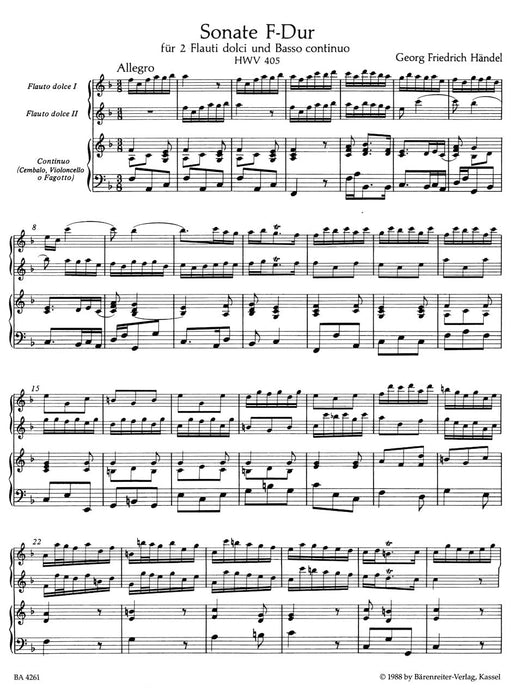 Triosonate für zwei Altblockföten und Basso continuo F-Dur HWV 405 韓德爾 三重奏 騎熊士版 | 小雅音樂 Hsiaoya Music