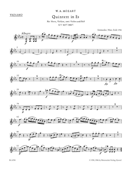 Quintet for Horn, Violin, Two Violas and Bass (Violoncello) E-flat major K. 407 (386c) 莫札特 五重奏 法國號小提琴 中提琴 大提琴 騎熊士版 | 小雅音樂 Hsiaoya Music