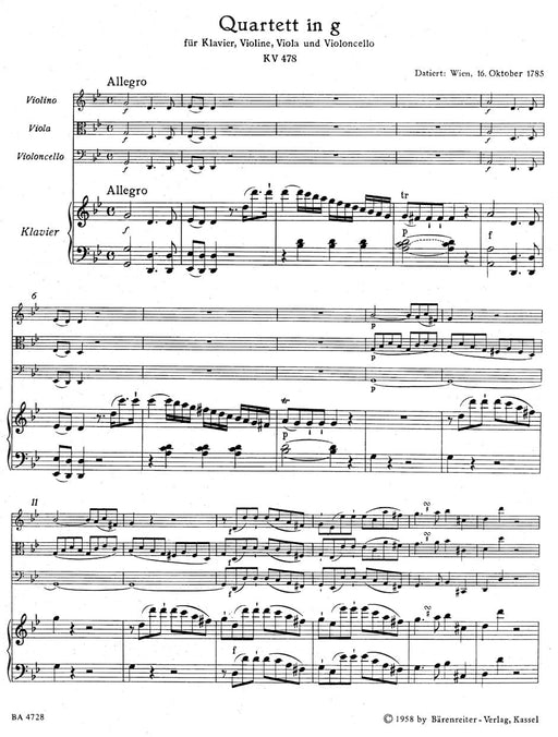 Quartet for Piano, Violin, Viola and Violoncello G minor K. 478 (Piano Quartet) 莫札特 四重奏 鋼琴 小提琴 中提琴 大提琴 四重奏 騎熊士版 | 小雅音樂 Hsiaoya Music