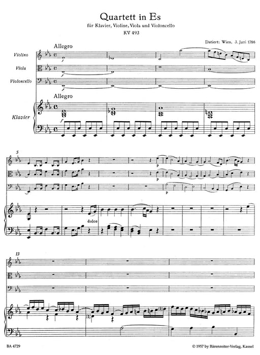 Quartet for Piano, Violin, Viola and Violoncello K. 493 莫札特 四重奏 鋼琴 小提琴 中提琴 大提琴 騎熊士版 | 小雅音樂 Hsiaoya Music