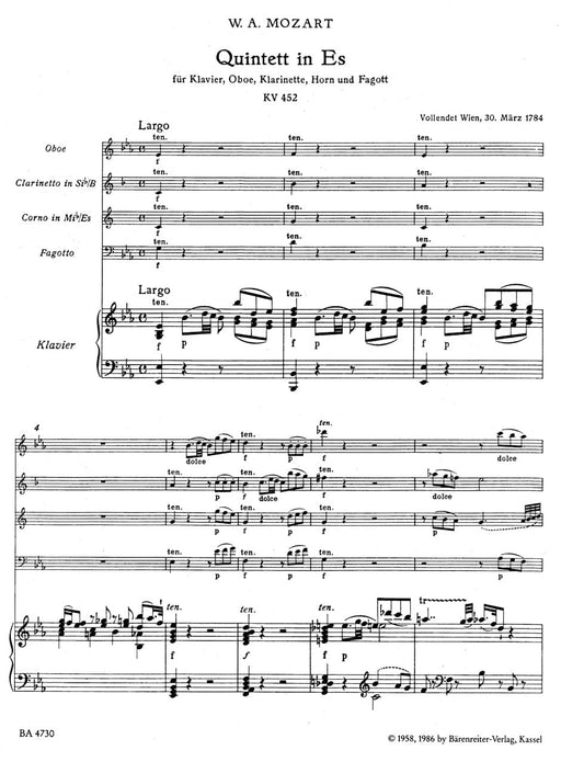 Quintet for Piano, Oboe, Clarinet, Horn and Bassoon E-flat major K. 452 (Piano Quintet) 莫札特 五重奏 鋼琴 雙簧管 豎笛法國號 低音管 五重奏 騎熊士版 | 小雅音樂 Hsiaoya Music