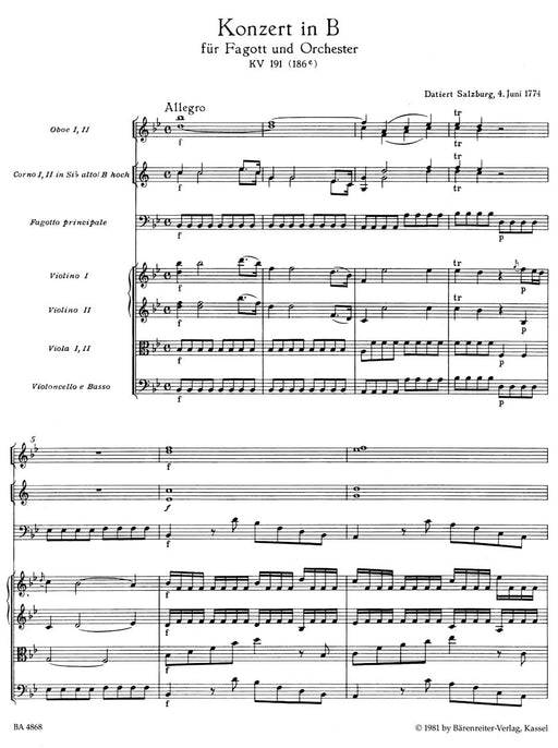 Concerto for Bassoon and Orchestra B-flat major K. 191(186e) 莫札特 協奏曲 低音管 管弦樂團 騎熊士版 | 小雅音樂 Hsiaoya Music