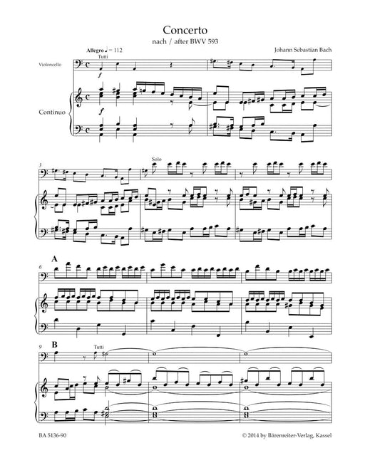Concerto for Violoncello, Strings and Basso continuo A minor (after BWV 593) 巴赫約翰瑟巴斯提安 協奏曲 大提琴弦樂 騎熊士版 | 小雅音樂 Hsiaoya Music