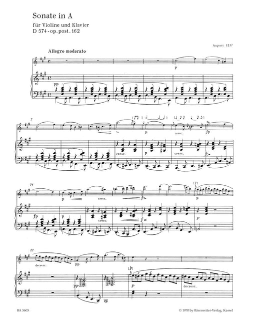 Sonata for Violin and Piano in A major op. post.162 D 574 (Violin Sonata) 舒伯特 奏鳴曲 小提琴 鋼琴 小提琴 奏鳴曲 騎熊士版 | 小雅音樂 Hsiaoya Music