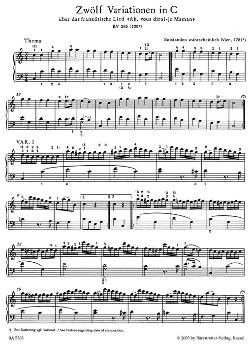 Ah, vous dirai-je Maman KV 265 (300e) -Zwölf Variationen in C für Klavier- Twelve Variations 莫札特 詠唱調 騎熊士版 | 小雅音樂 Hsiaoya Music