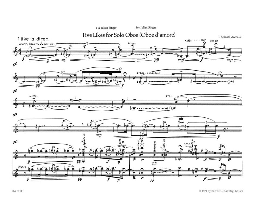 fünf Likes für Oboe solo (Oboe d'amore) (1969) 雙簧管 獨奏 騎熊士版 | 小雅音樂 Hsiaoya Music