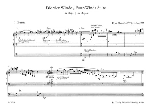 Four Winds Suite (Die vier Winde) for Organ op. 223 (1975) 克雷內克 組曲 管風琴 騎熊士版 | 小雅音樂 Hsiaoya Music