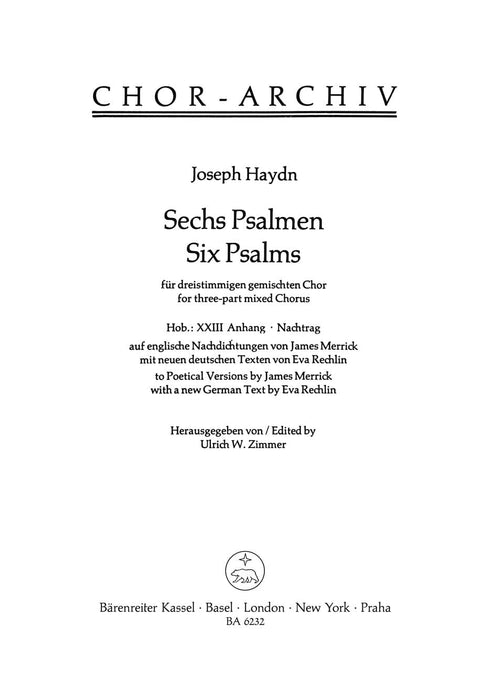 Six Psalms Hob XXIII:Anhang -to Poetical Versions with a new German Text- Two Versions with a new German Text 海頓 騎熊士版 | 小雅音樂 Hsiaoya Music